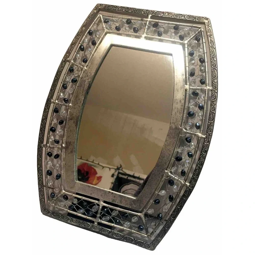 Silver-Tone Sapphire and Iridescent Glass Bead Hand Tied Mirror Art Deco Boho‎